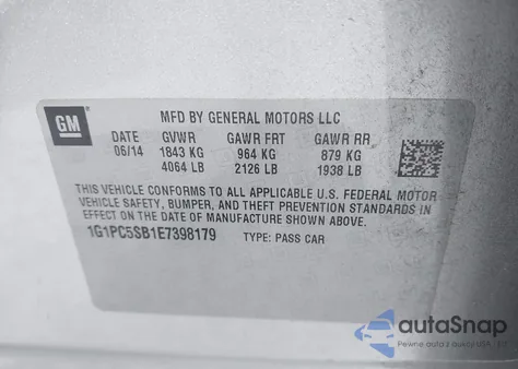 2014 Chevrolet Cruze 1Lt Auto из США, поврежденный, VIN 1G1PC5SB1E7398179